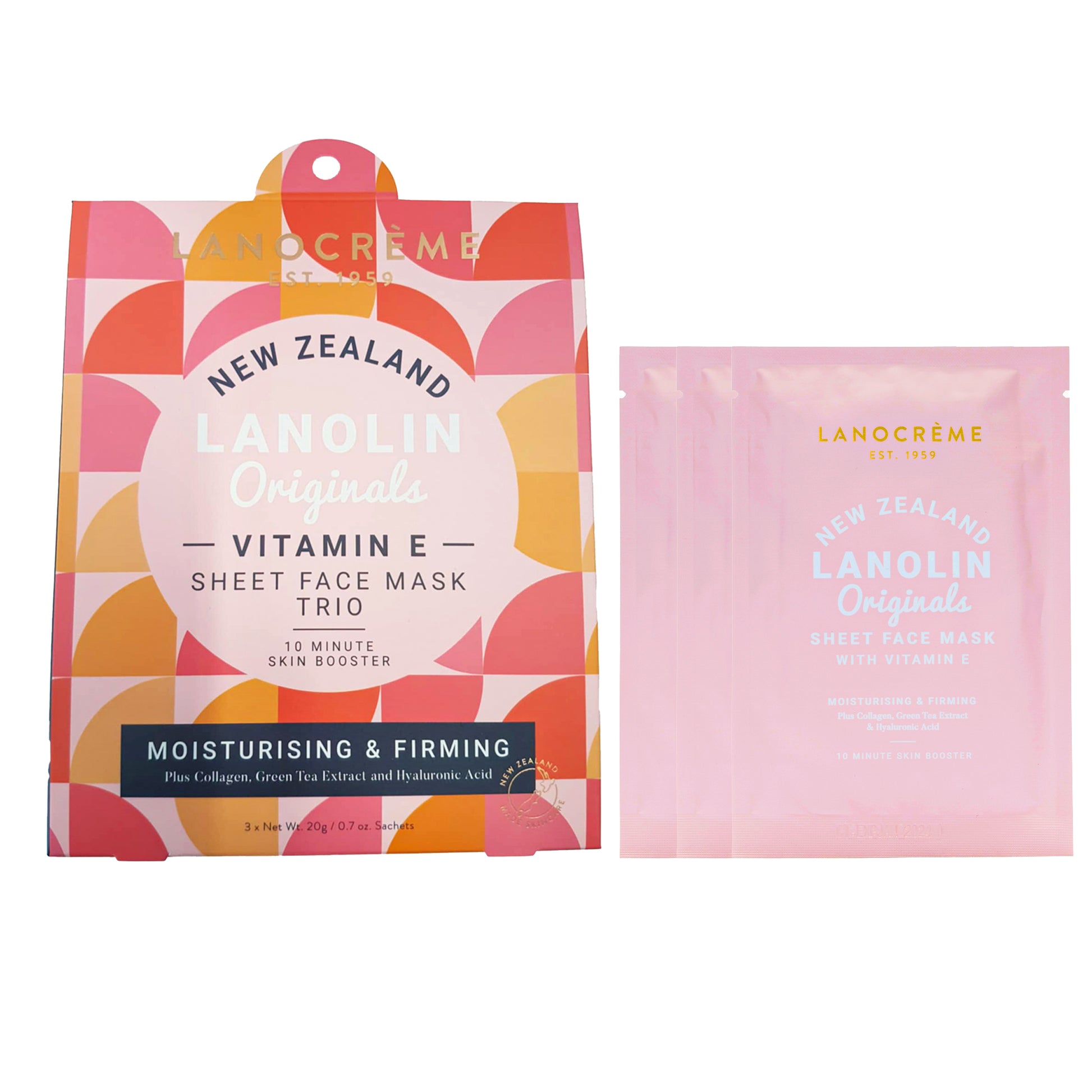LANOCRÈME New Zealand Lanolin Originals Vitamin E Sheet Face Mask Trio, showing the colorful outer hanging pouch and three individual pink face mask packets on a white background.